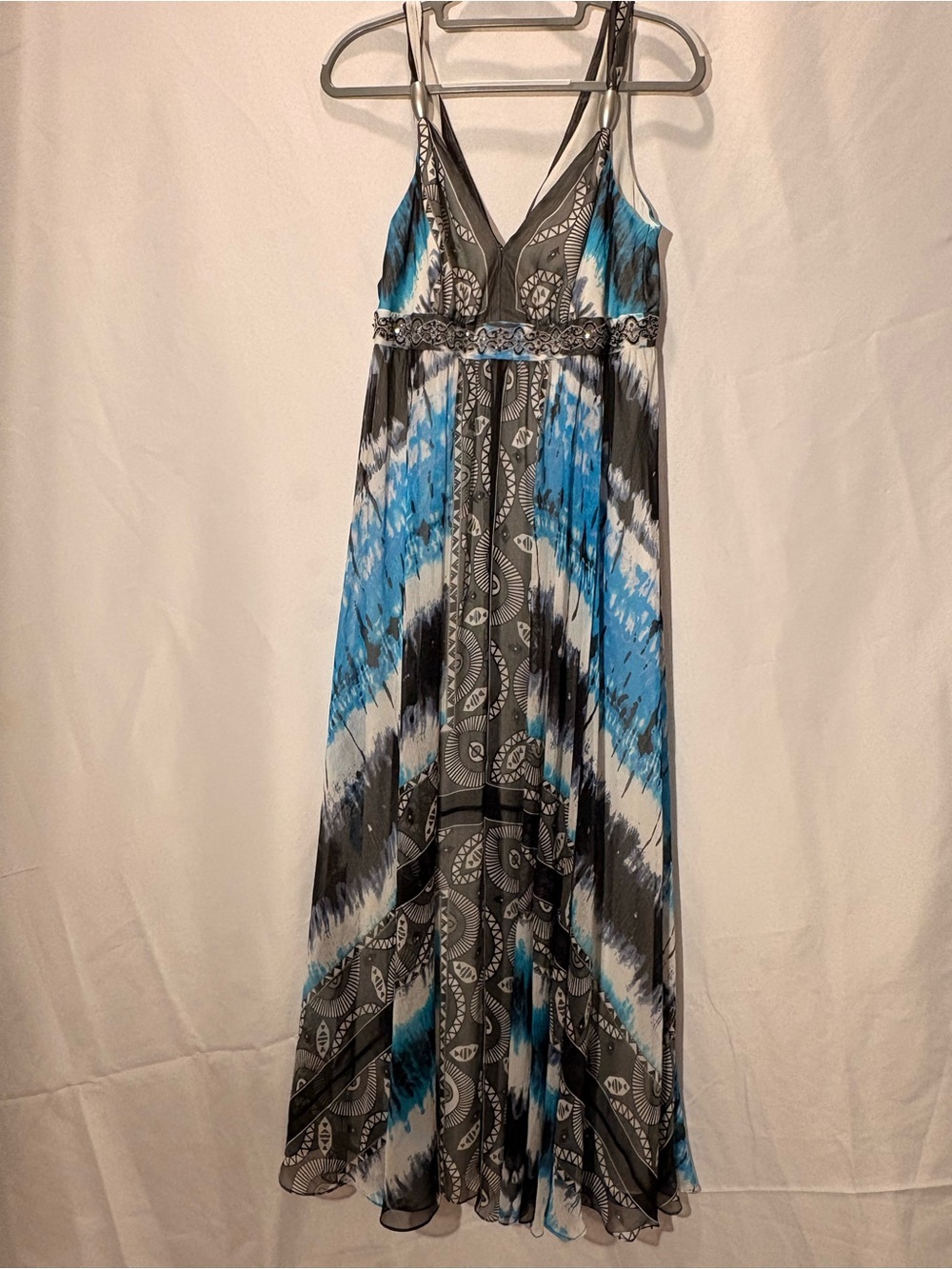 WHBM V-Neck Blue and Gray Printed Maxi Dress NWT